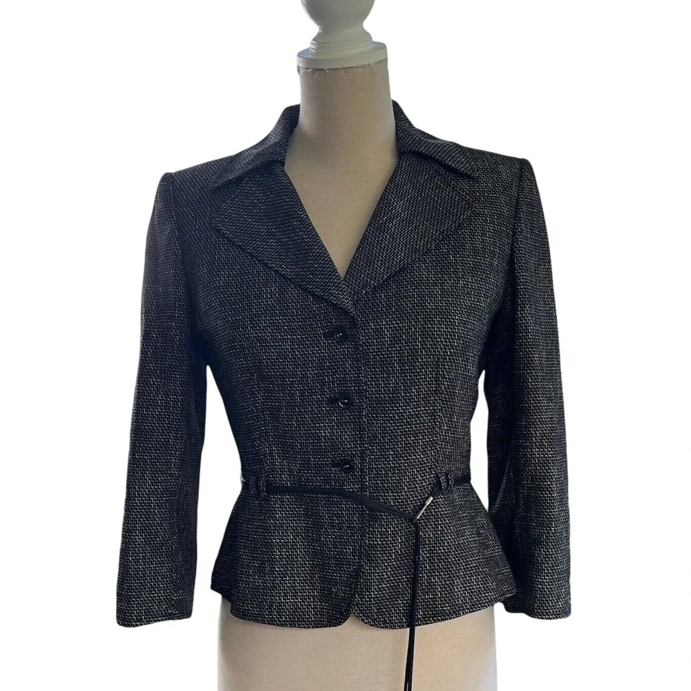 Tahari Preppy Office‎ Core Blazer Coat Button Down Woven Style Black Polyester 6